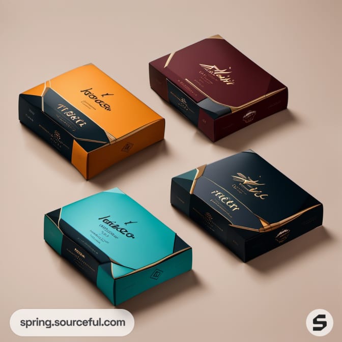 Four rectangular boxes in mustard, burgundy, and teal on a tan background.