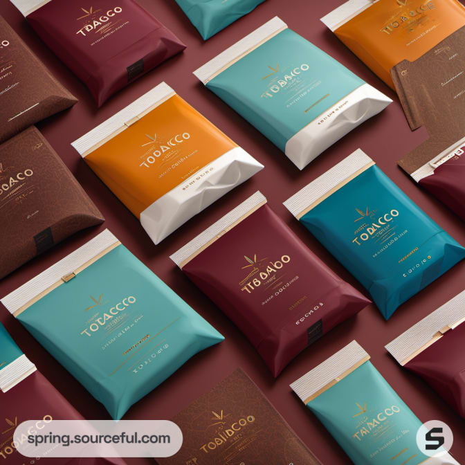 Flat-lay of colorful resealable pouches on a burgundy surface.