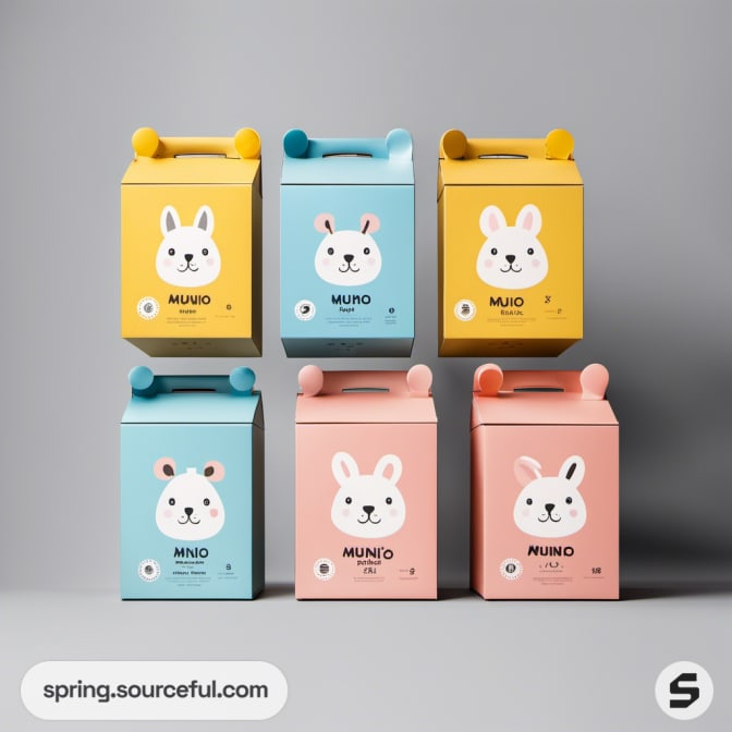 Colorful boxes with animal faces and handles in yellow, blue, and pink.