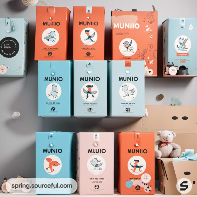 Boxes with cute animal illustrations in orange, blue, and pink.
