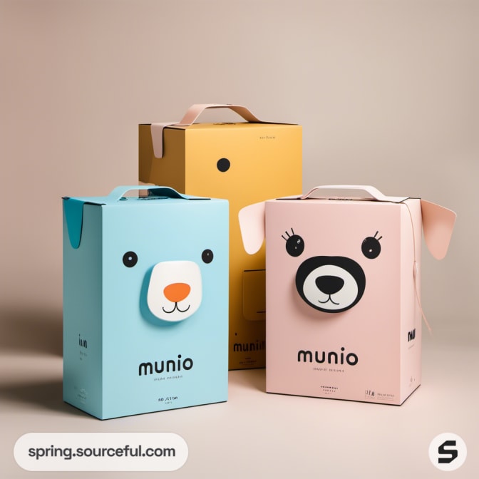Three boxes with cartoon animal faces and ears in pastel colors.