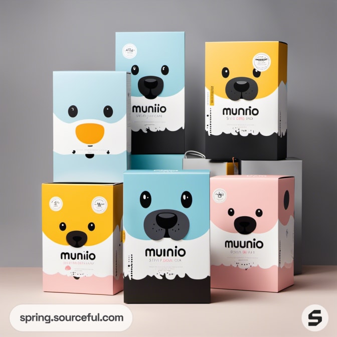 Stacked boxes with animal faces in pastel blue, yellow, and pink.