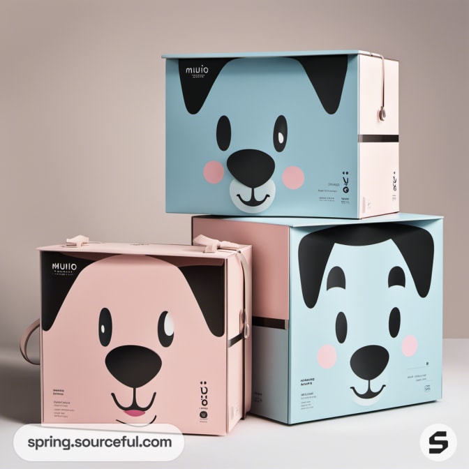 Pink and blue boxes with smiling animal faces and handles.