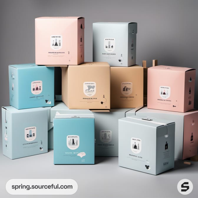 Assorted pastel boxes with animal graphics and minimalist design.