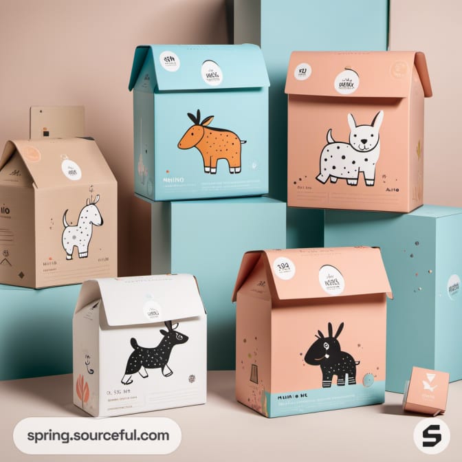 House-shaped boxes with playful animal drawings in pastel colors.