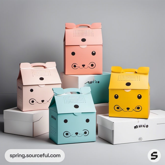 Small pastel boxes with animal faces and ears in pink and blue.