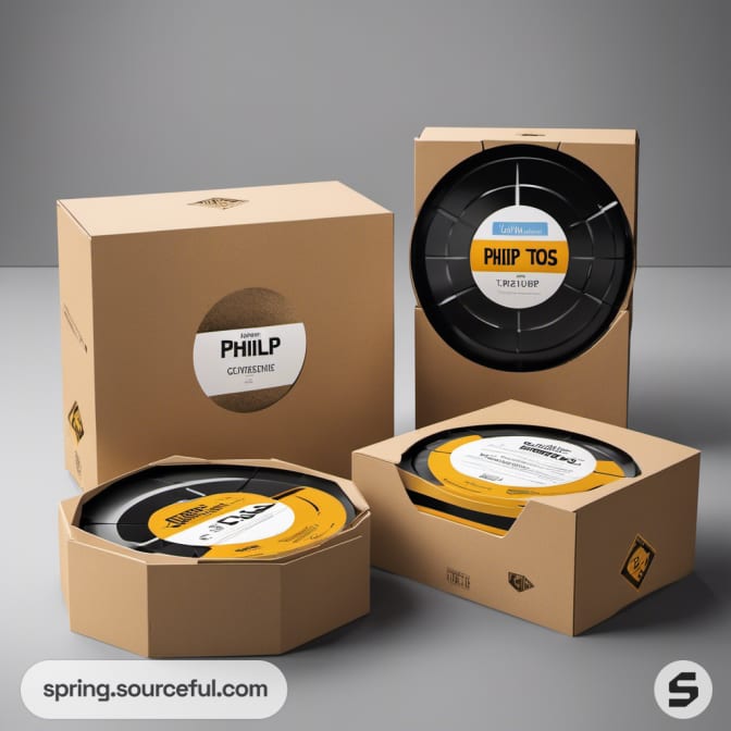 Cardboard boxes with vinyl records inside, minimalist designs in brown, black, and yellow colors on a gray background.