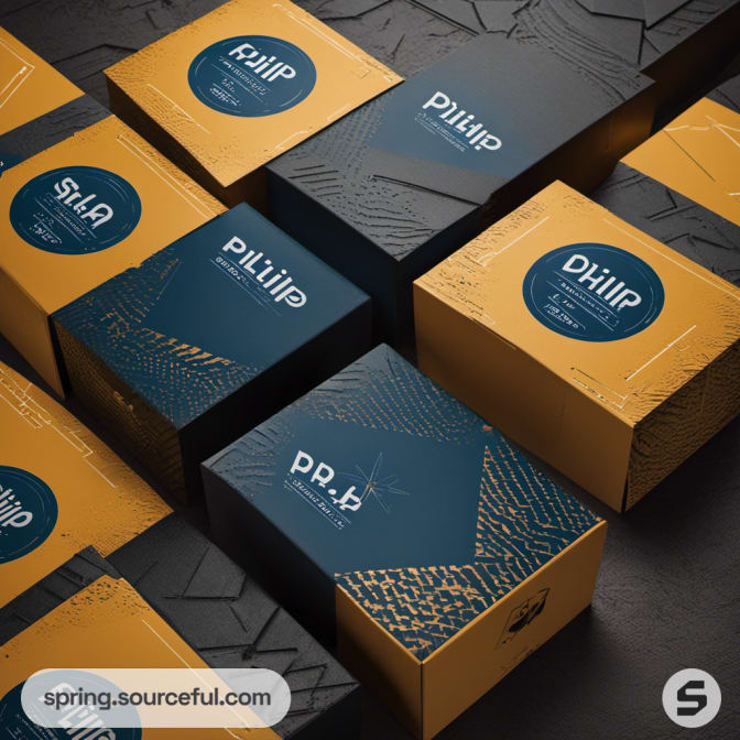 Boxes with geometric designs in gold and black, arranged in a pattern.