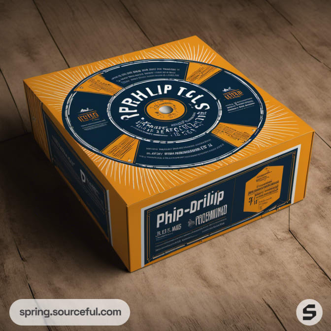 Orange and blue square box with a vinyl record design on top and mock labels on the sides, on a wooden surface.
