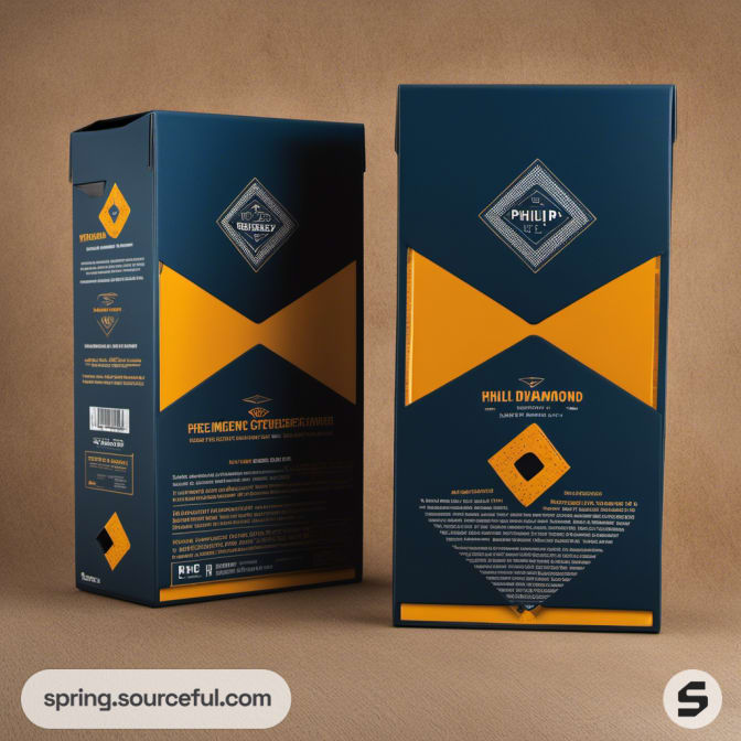 Dark blue and orange rectangular box with bold geometric design and text details.