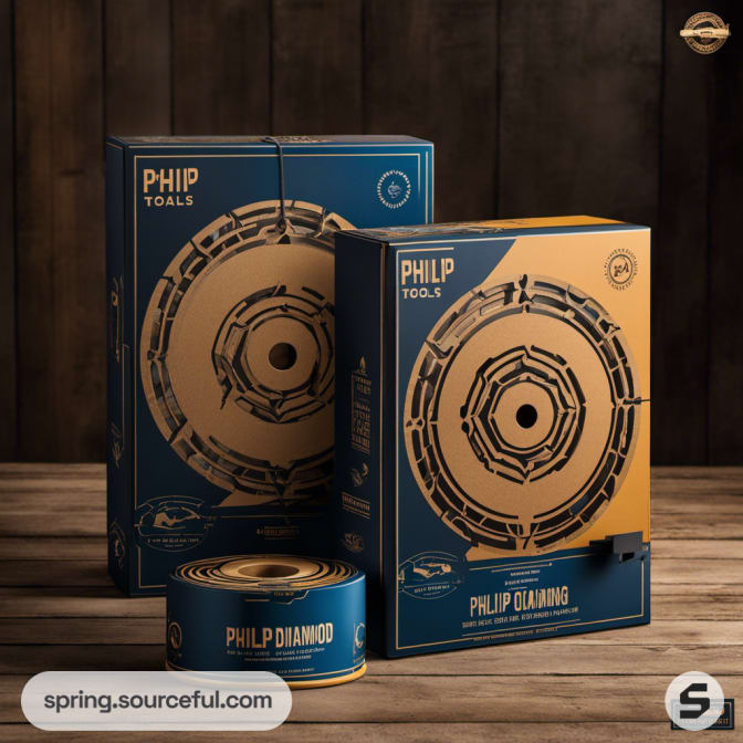 Dark wood background with blue and gold packaging featuring circular design and labeled 'Philip Tools.'