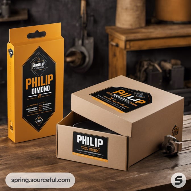 Rustic cardboard box and package with bold black labels and orange accents, featuring the text 'PHILIP' and product details.