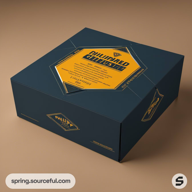 Dark green mailer box with yellow geometric design and text on a beige background.