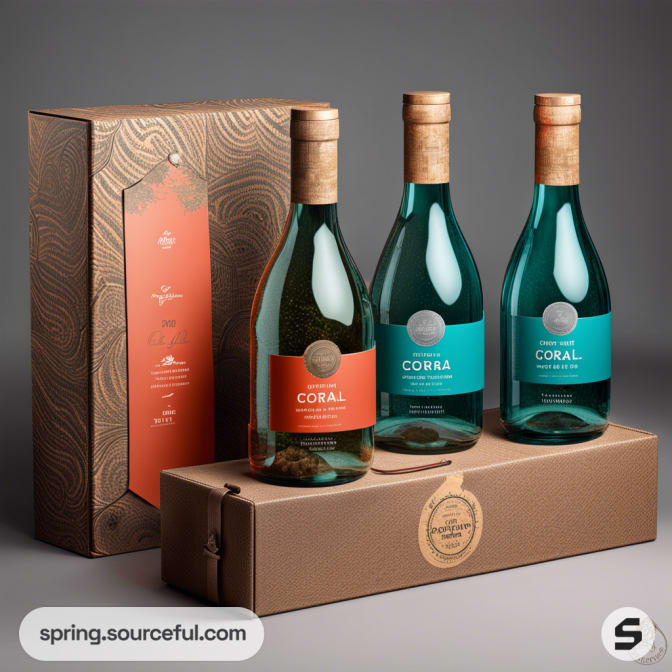 Three bottles with cork stoppers and colorful labels on crafted cardboard packaging.