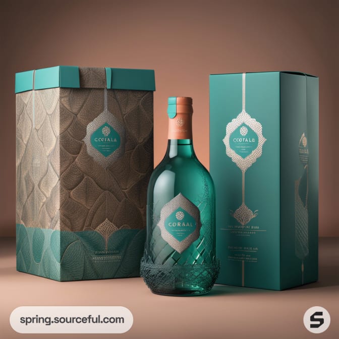 Single wine bottle with ornate label inside a detailed tall box.