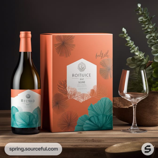 Wine bottle with orange and teal label beside an orange floral box.