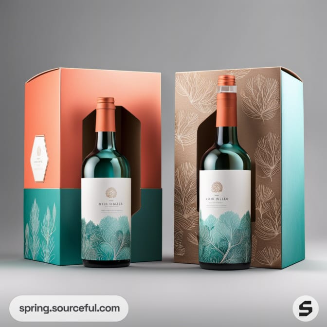 Pair of wine bottles in decorative dual-colored boxes with leaf designs.