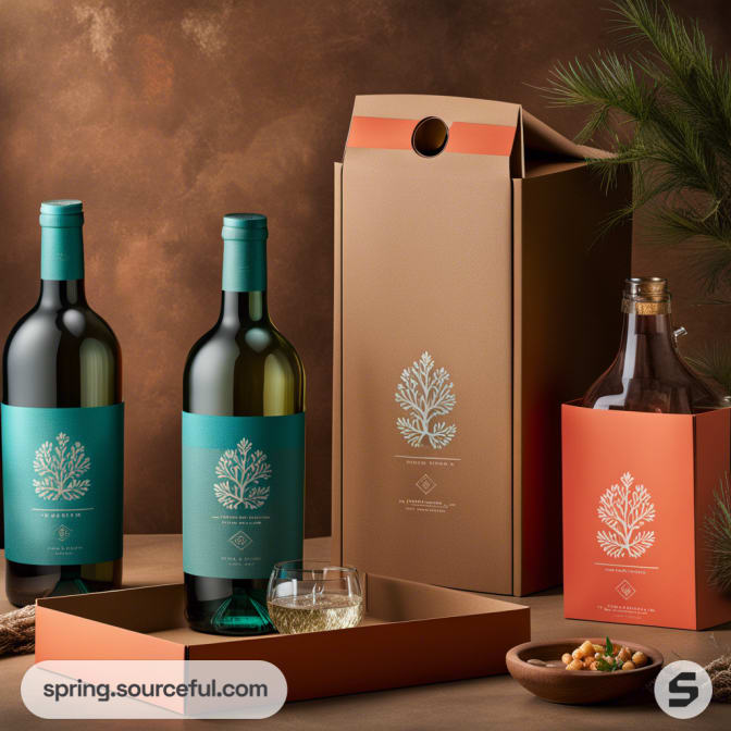 Assorted wine bottles in rustic packaging with pine and amber tones.