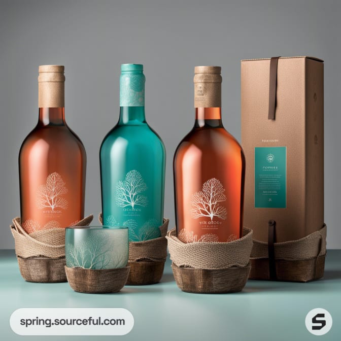 Wine bottles with tree designs in burlap holders and a sleek box.
