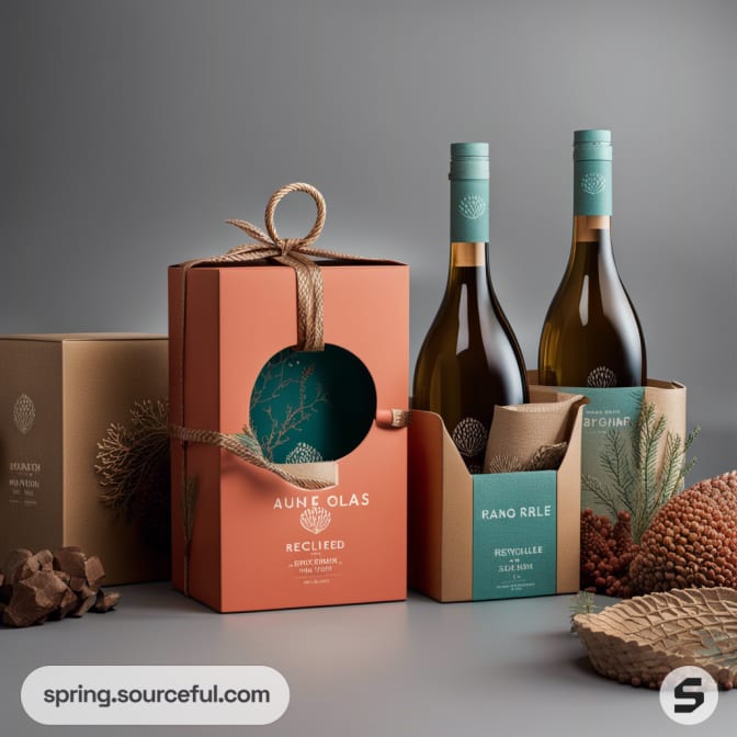 Bottles in peach and teal boxes with natural accents like cones.