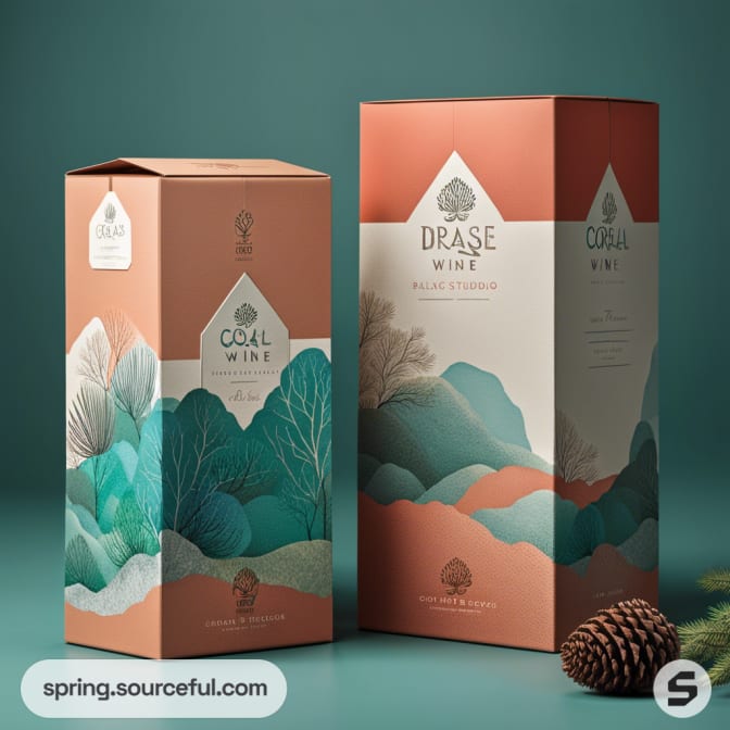 Two tall boxes with teal and coral landscape designs and tree logos.