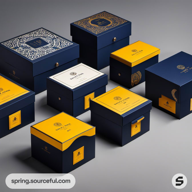 Collection of stylish blue and gold watch boxes.
