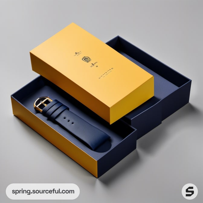 Watch strap in an elegant blue and gold box.