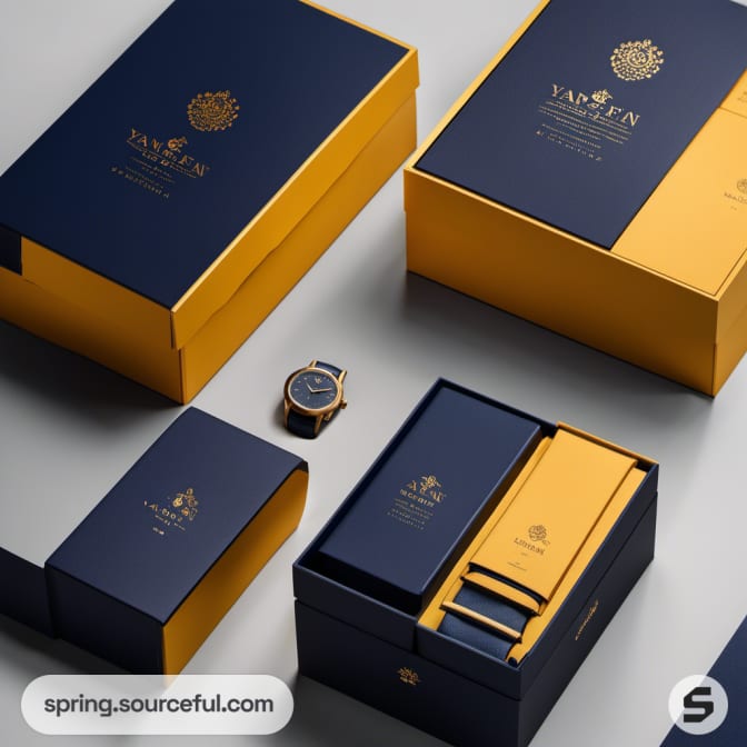 Premium watches in blue and gold decorative packaging.