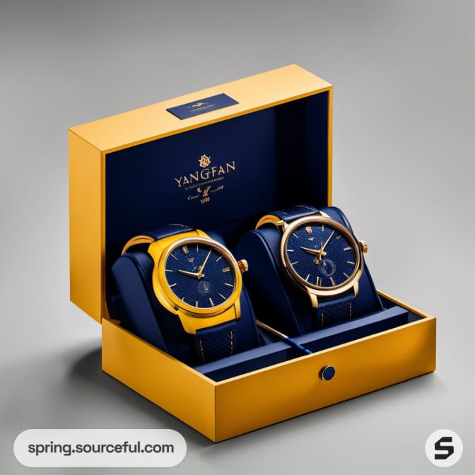 Pair of watches in a luxurious blue and gold case.