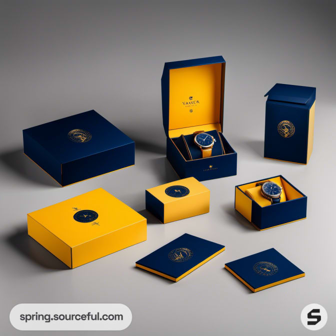 Variety of watch boxes in blue and gold colors.