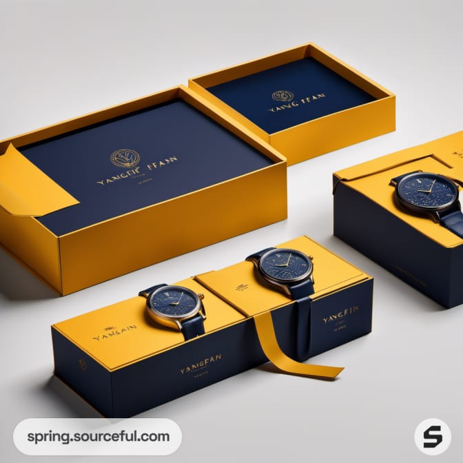 Elegant watches in matching blue and gold boxes.