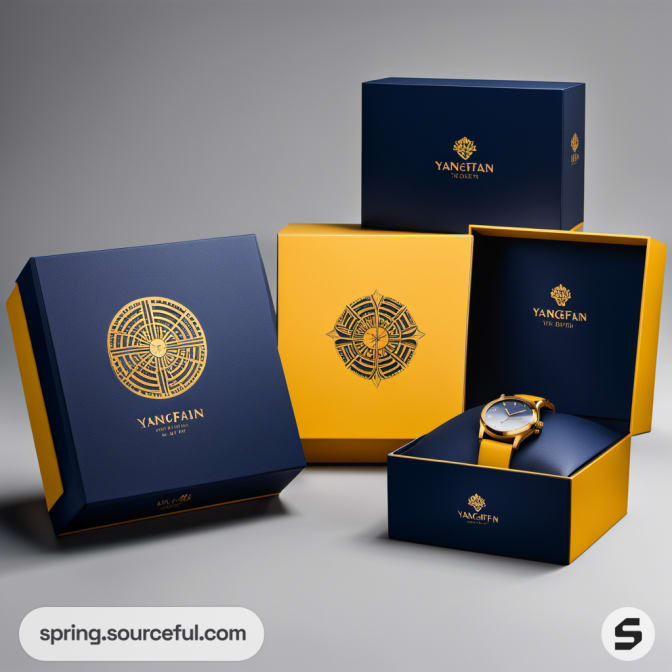 Stylish watches in ornate blue and gold packaging.
