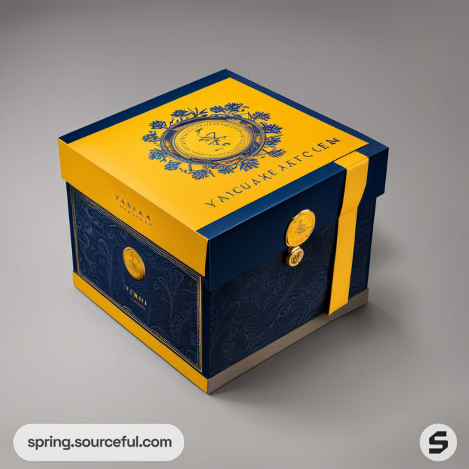 Ornate blue and gold box with decorative design.