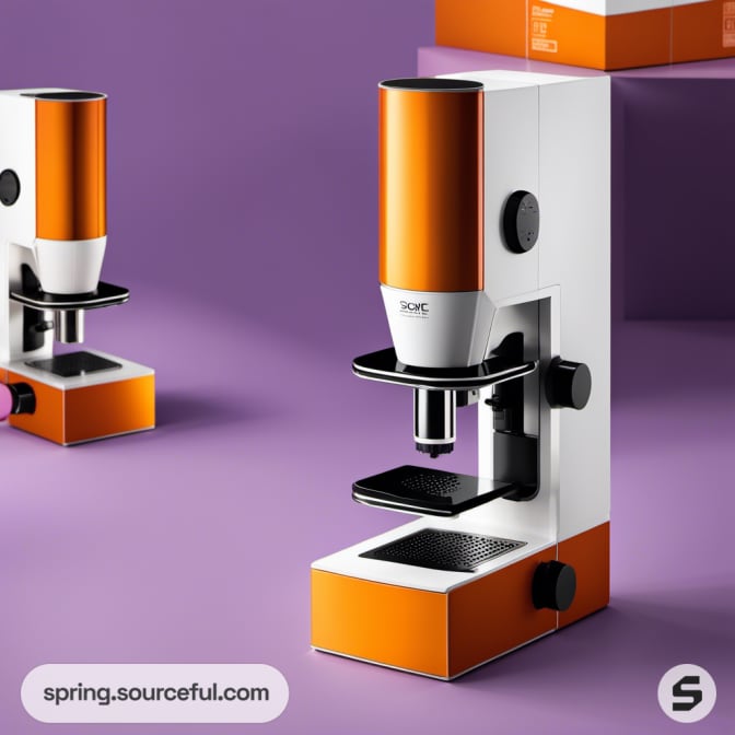 Orange and white coffee maker against a purple background.