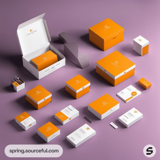 Various orange and white packaging boxes arranged on a purple surface.