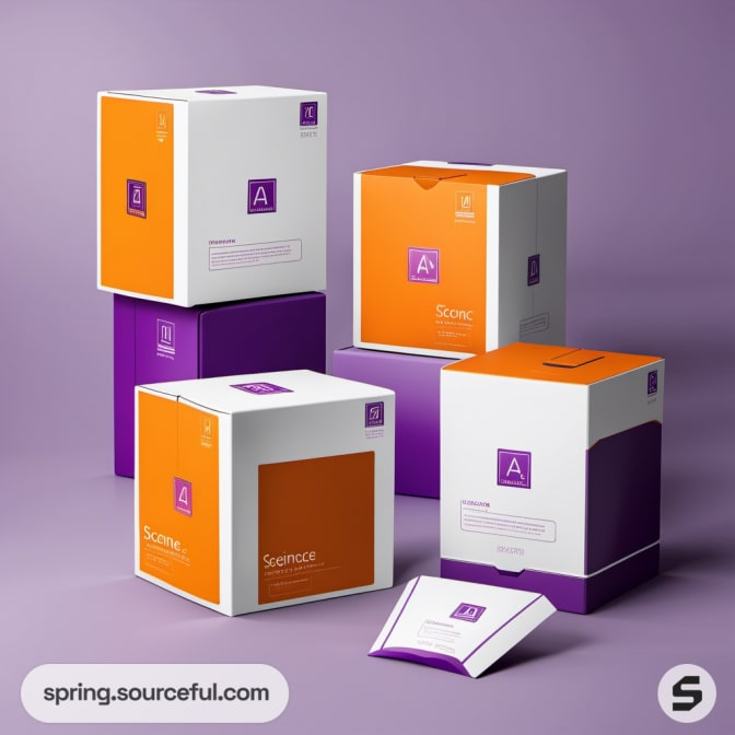 Stack of orange and purple packaging boxes on a purple background.