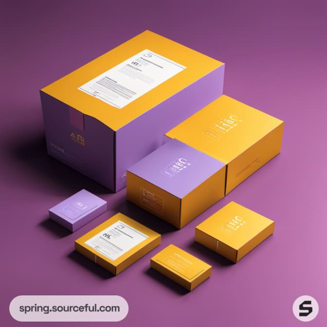 Assorted orange and purple boxes arranged on a purple surface.
