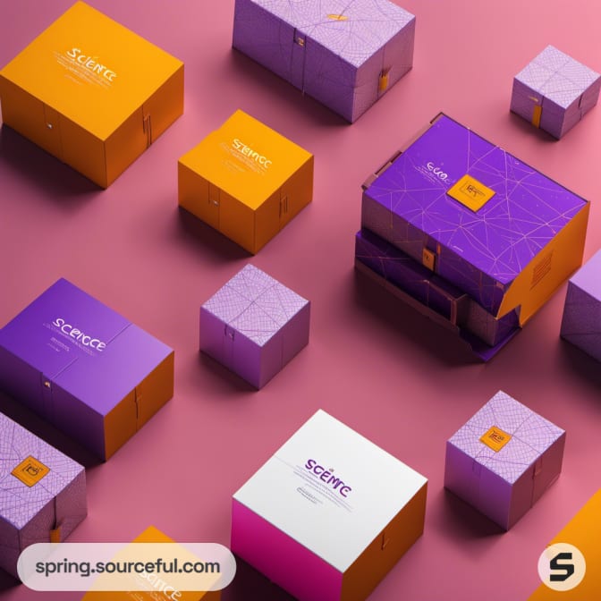 Orange and purple packaging boxes scattered on a pink background.