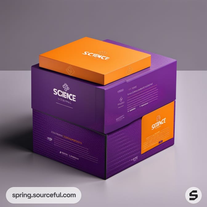 Stacked purple and orange boxes labeled 'Science' on a grey surface.