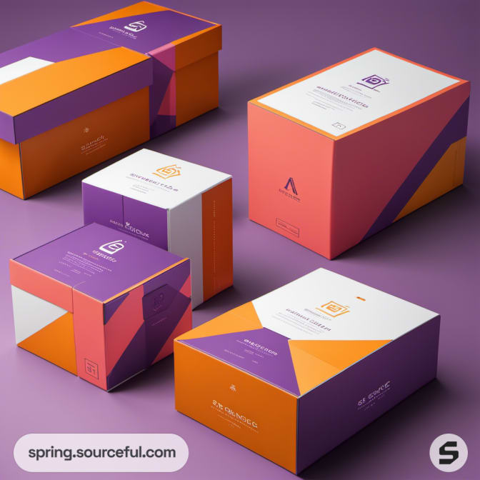 Mixed orange, purple, and white packaging boxes with diagonal designs.