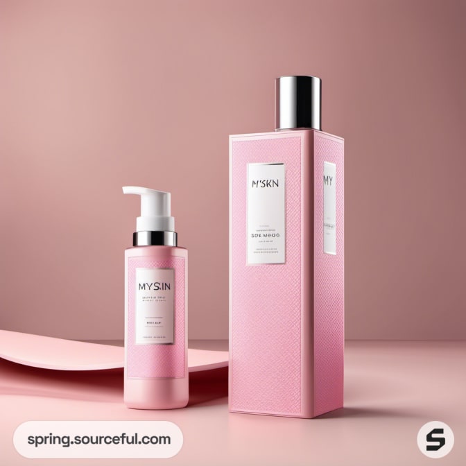 Pink pump bottle and rectangular box on pink background.