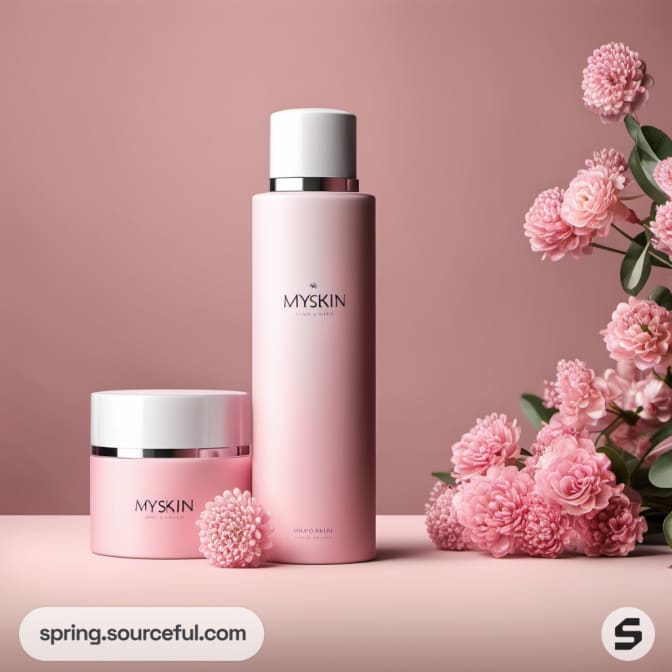 Pink jar and tall bottle with flowers on pink backdrop.
