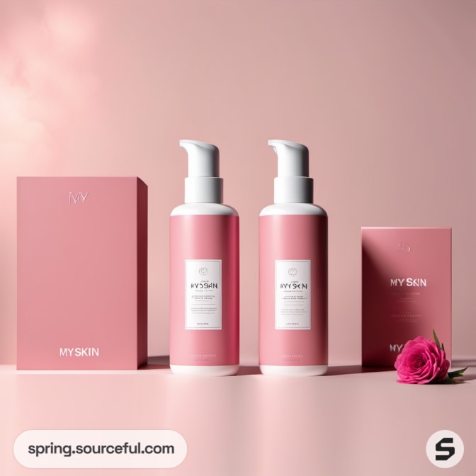 Two pink pump bottles with matching boxes and rose.