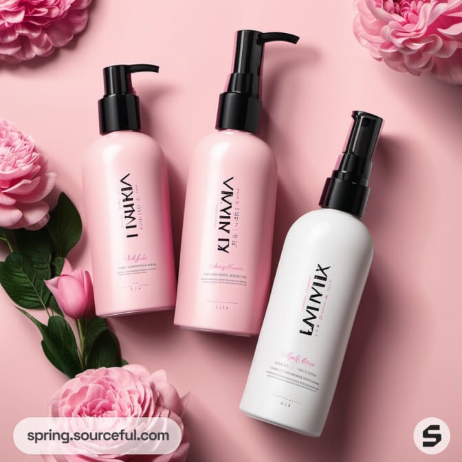 Three bottles with black pumps and roses on pink.