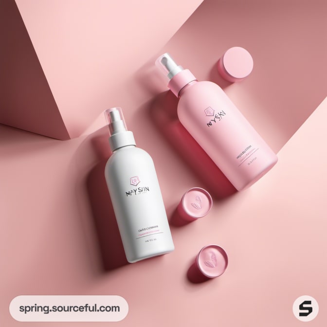 Two pump bottles with caps on a pink geometric backdrop.