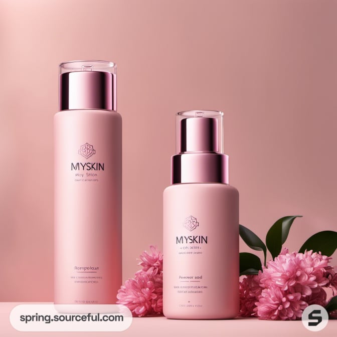 Two pink bottles with pink flowers on pink background.