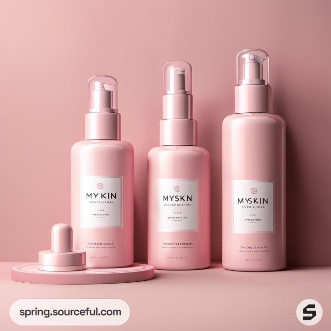 Three pink pump bottles with lids on pink surface.