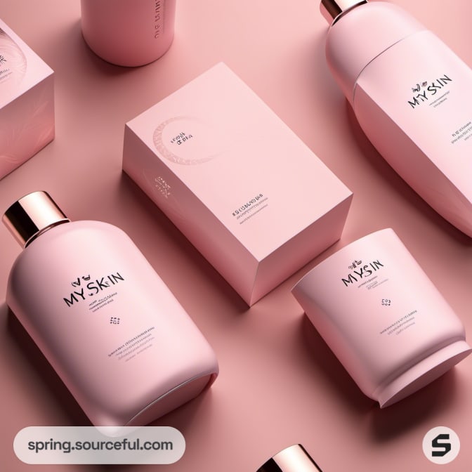 Pink bottles and box with metallic caps on pink.