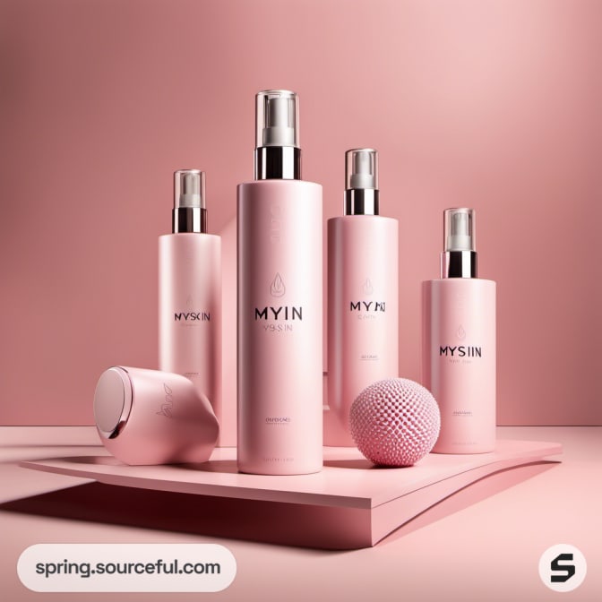 Four tall pink bottles with spherical object on pink.