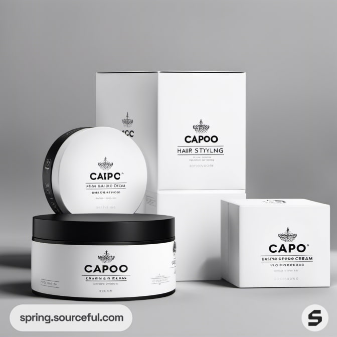 White cylindrical and rectangular cosmetic containers with black caps and minimalist design.